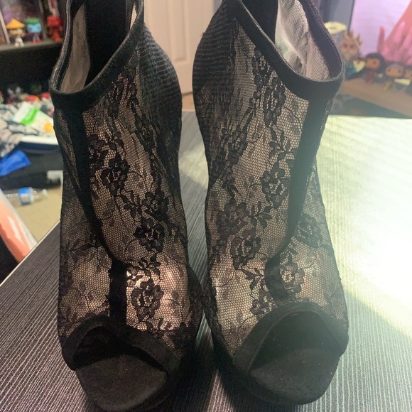 bebe Black Lace Peep-Toe Heels - Picture 1 of 7